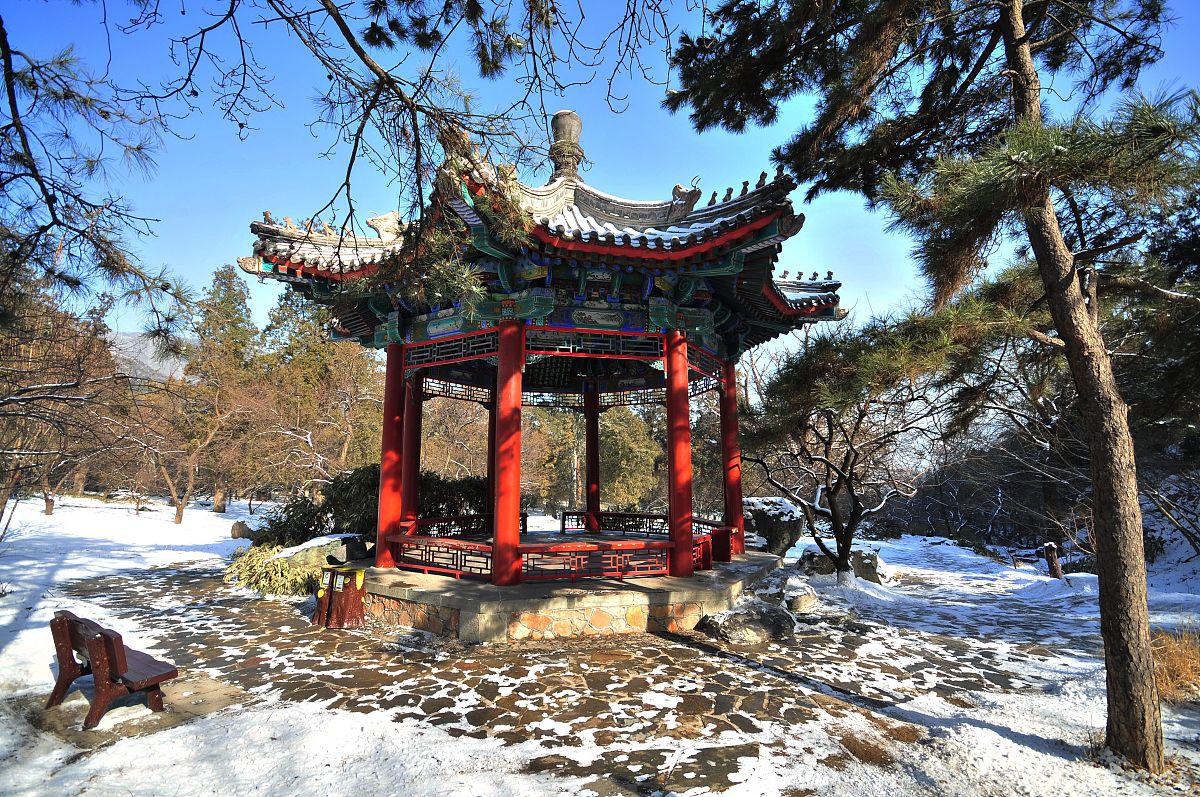 在冬季,香山公园被白雪覆盖,如同一幅银色画卷,呈现出宛如仙境般的