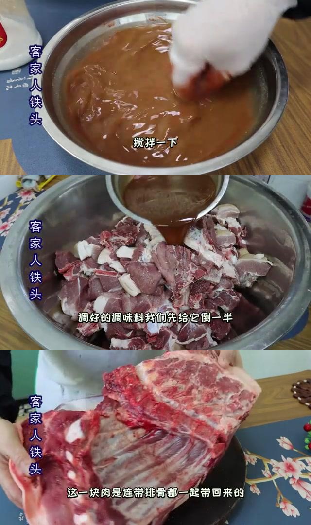 客家人铁头分享了客家传统年味焖肉的制作方法,包括烧猪毛,切大块肉