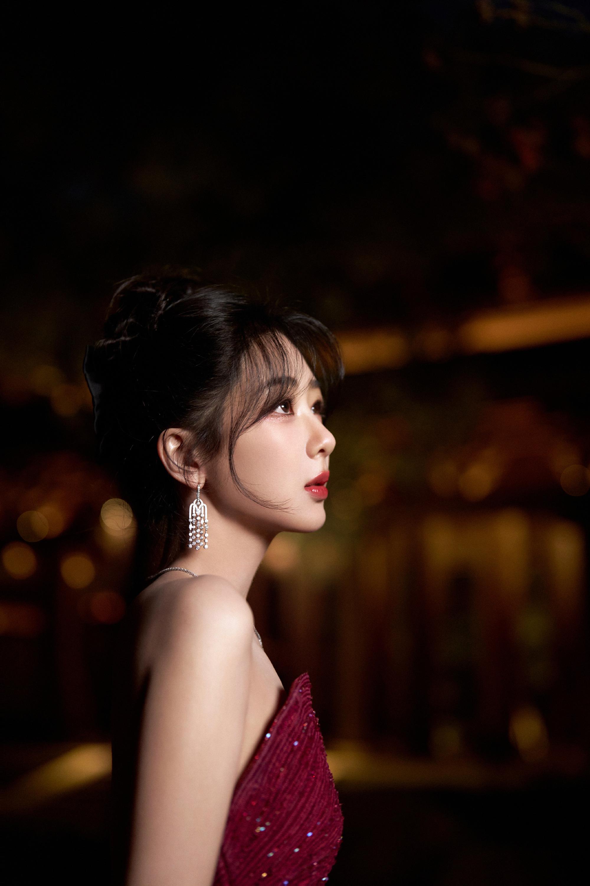 杨紫:优雅婉约的美丽 杨紫身穿紫红色抹胸裙,展现出她的优雅和婉约