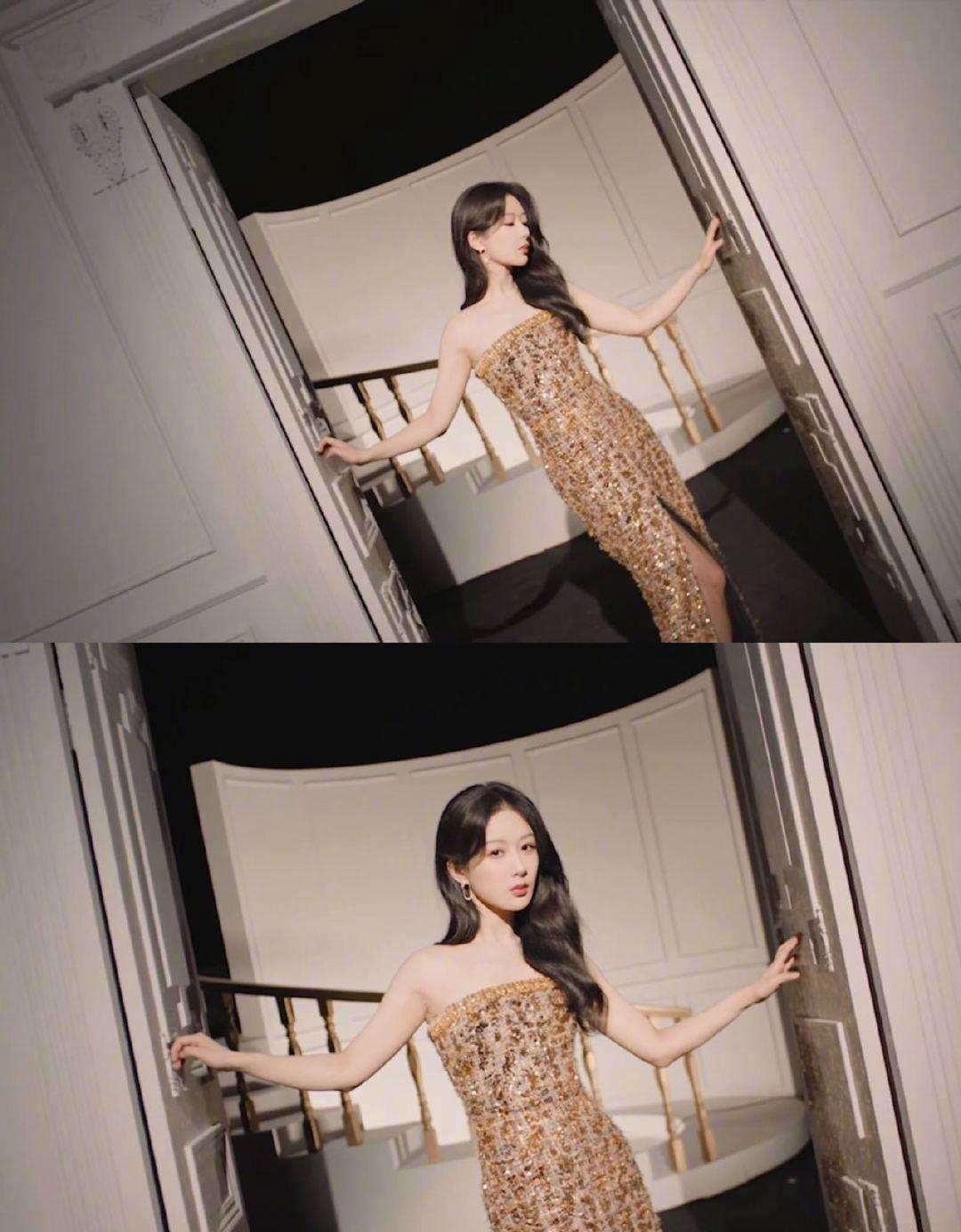 杨紫金色高定礼服:璀璨夺目 杨紫身着金色高定礼服,犹如一位高贵典雅