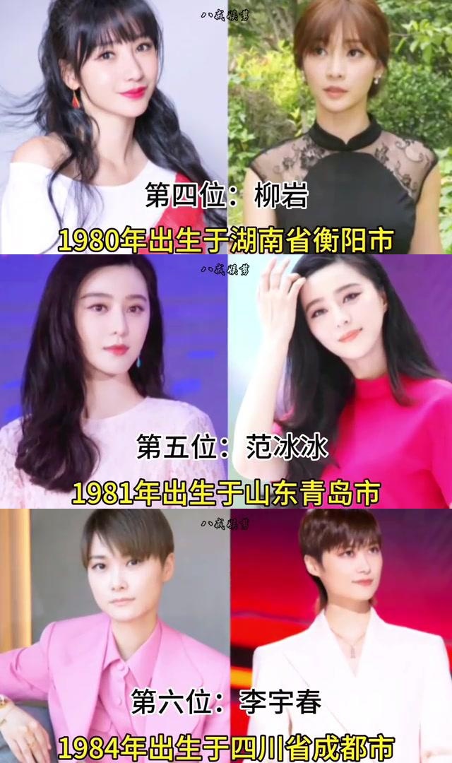 俞飞鸿,殷桃,秦岚,柳岩,范冰冰,李宇春,蒋欣,江疏影,刘亦菲和舒畅,这