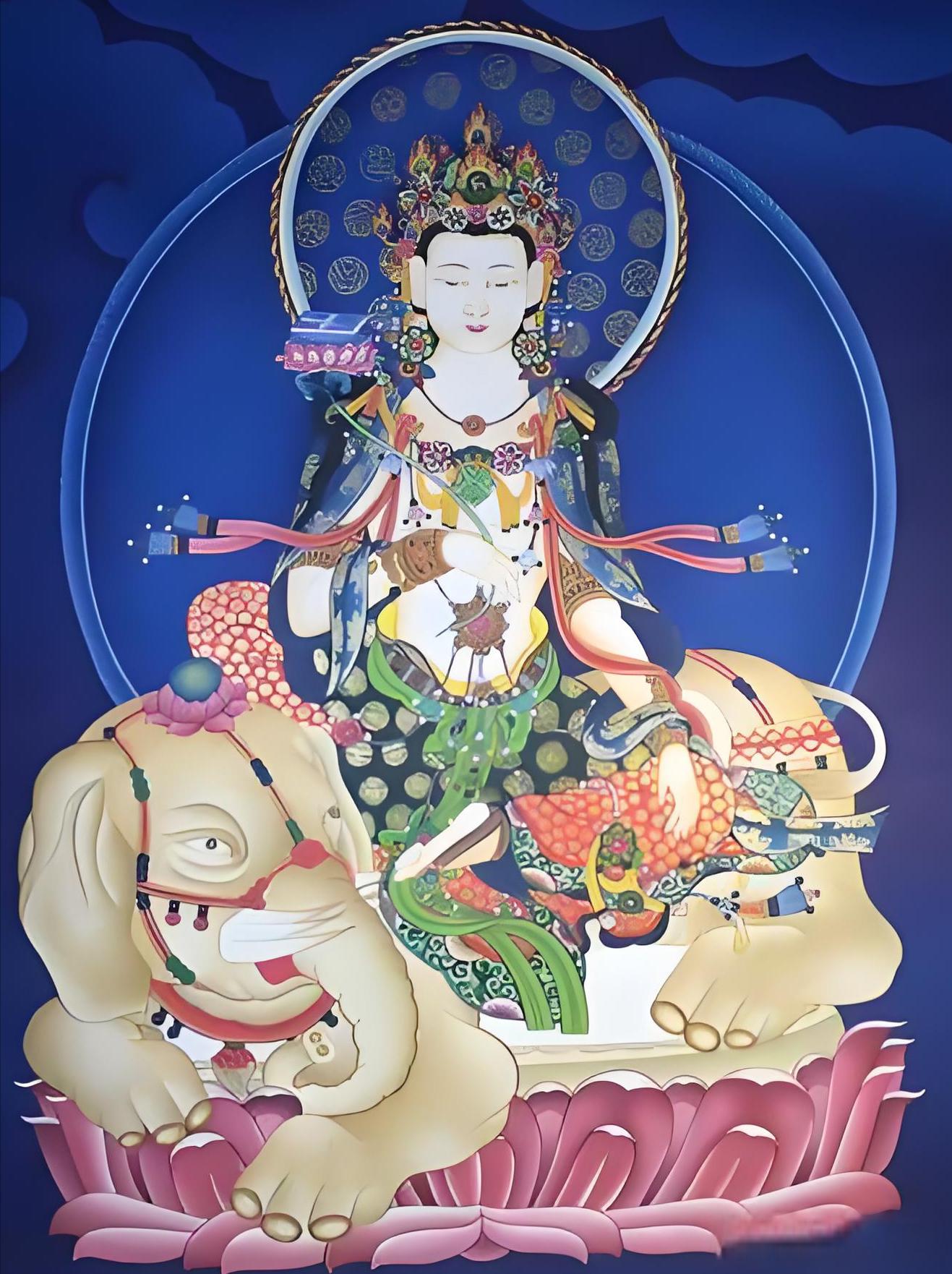 普贤菩萨,佛教四大菩萨之一,以慈悲,智慧和勇猛著称,身骑六牙大象